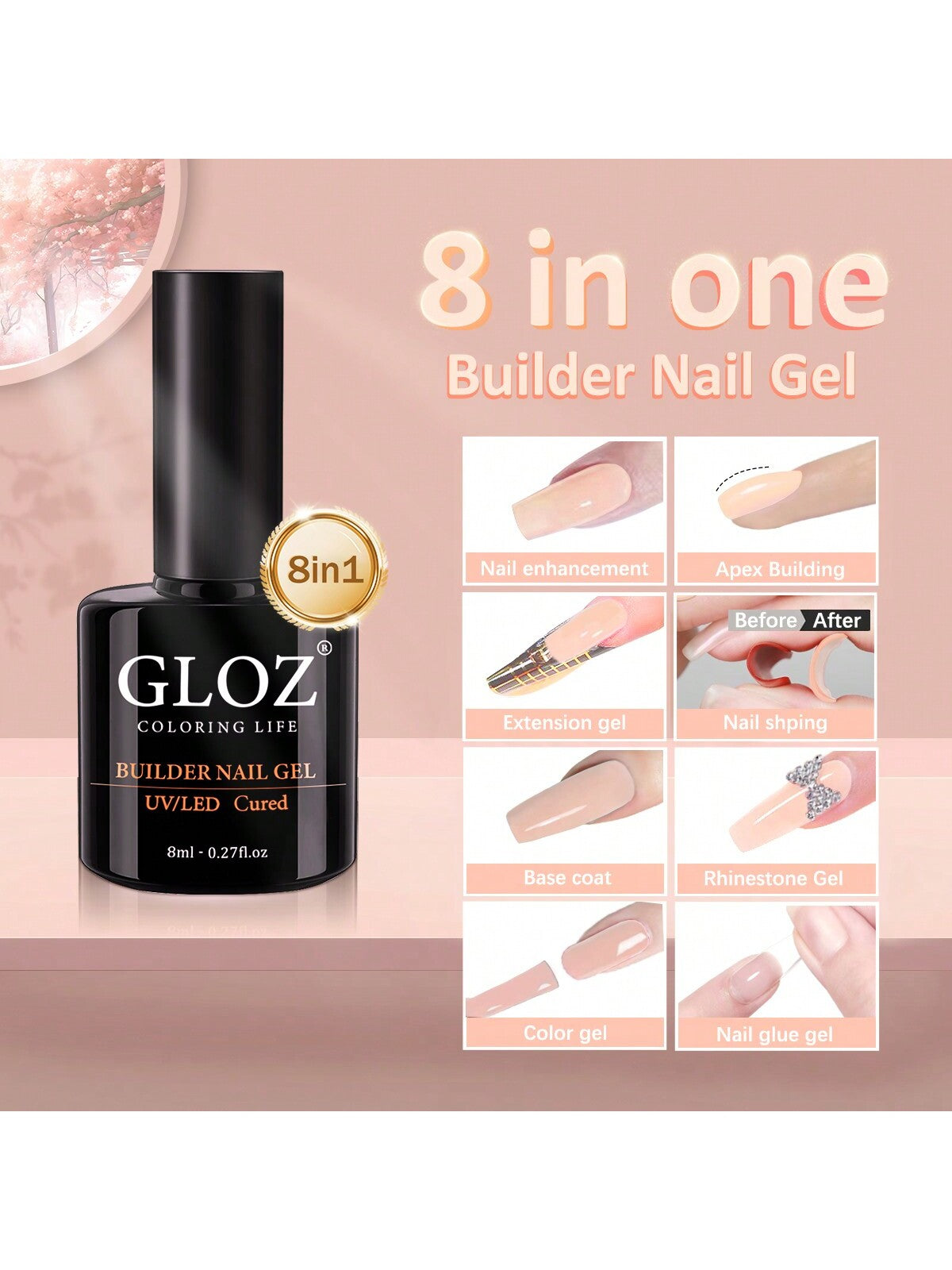 GLOZ Builder Nail Gel, 8-In-1 Cover Nude Gel Builder, Hard Gel Builder For Nails Strengthener Extension Gel Rubber Base Gel Polish Rhinestone False Nail Tips Glue Gel In A Bottle For Nail Art - Hanmeimei