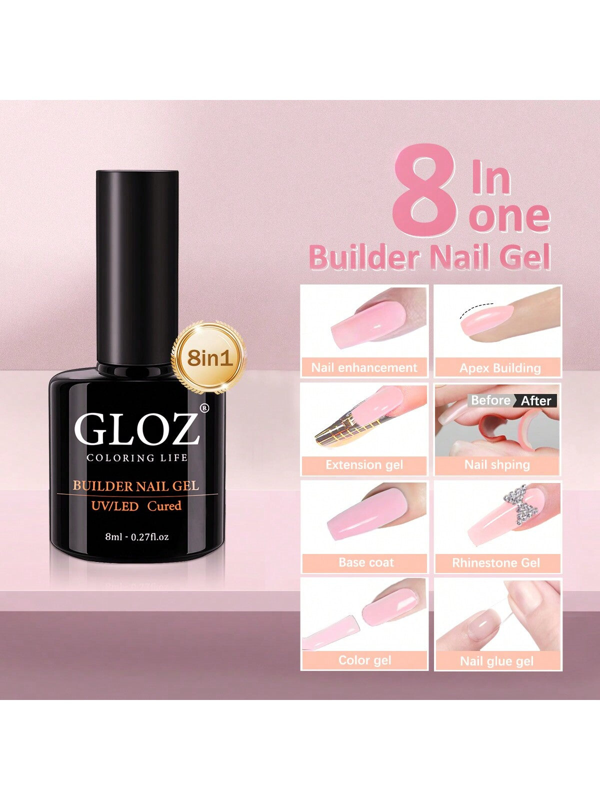 GLOZ Builder Nail Gel, 8-In-1 Pink Gel Builder For Nails, LED Hard Gel Builder Nail Strengthener Color Base Gel Extension Gel Rhinestone False Nail Tips Glue Gel In A Bottle, Gift For Women - Hanmeimei