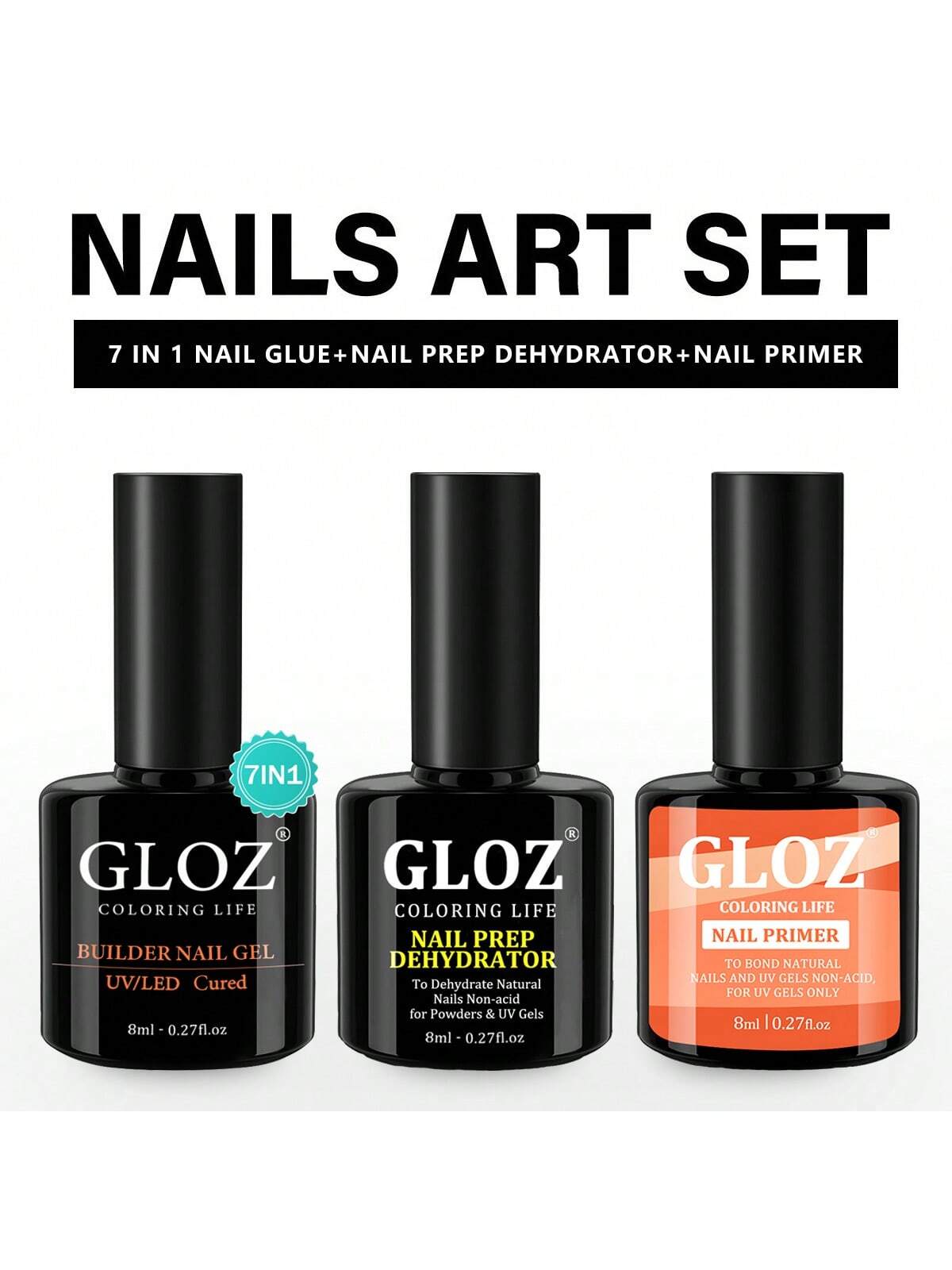 GLOZ GLOZ Gel Polish Nail Prep Dehydrator and Nail Primer with 7in1 Nail Glue 3Pcs Nail Set Shine Effect Long Lasting Soak Off Light Lamp Diy Home Mani for Women Girls - Hanmeimei