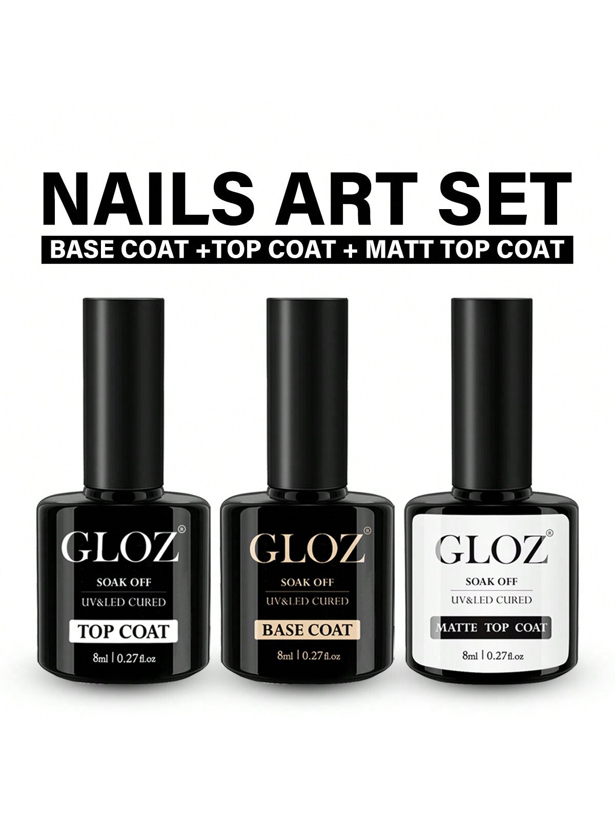 GLOZ GLOZ Gel Polish Top and Base No Wipe Matte Top Coat 3Pcs Nail Set Shine Effect Long Lasting Soak Off Light Lamp Diy Home Mani Christmas Gift for Women Girls - Hanmeimei