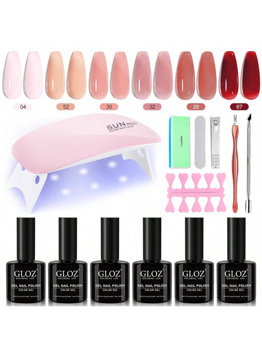 GLOZ Jelly Gel Nail Polish Kit With UV Light 6W Led Nail Lamp 6 Colors Gel Polish Starter Kit Manicure Soak Off Led Salon DIY Home Gift For Girls - Hanmeimei