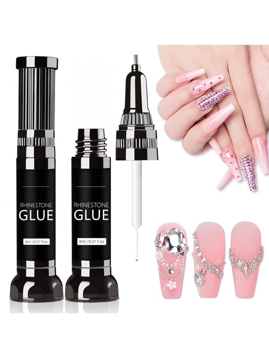 GLOZ 2PCS Nail Rhinestone Glue Gel, Upgrade Gel Nail Glue With Brush & Pen Tip Super Strong Adhesive Precise For Nail Charms Crystals Rhinestones Beads Flower 3D Decorations 8ml*2 - Hanmeimei