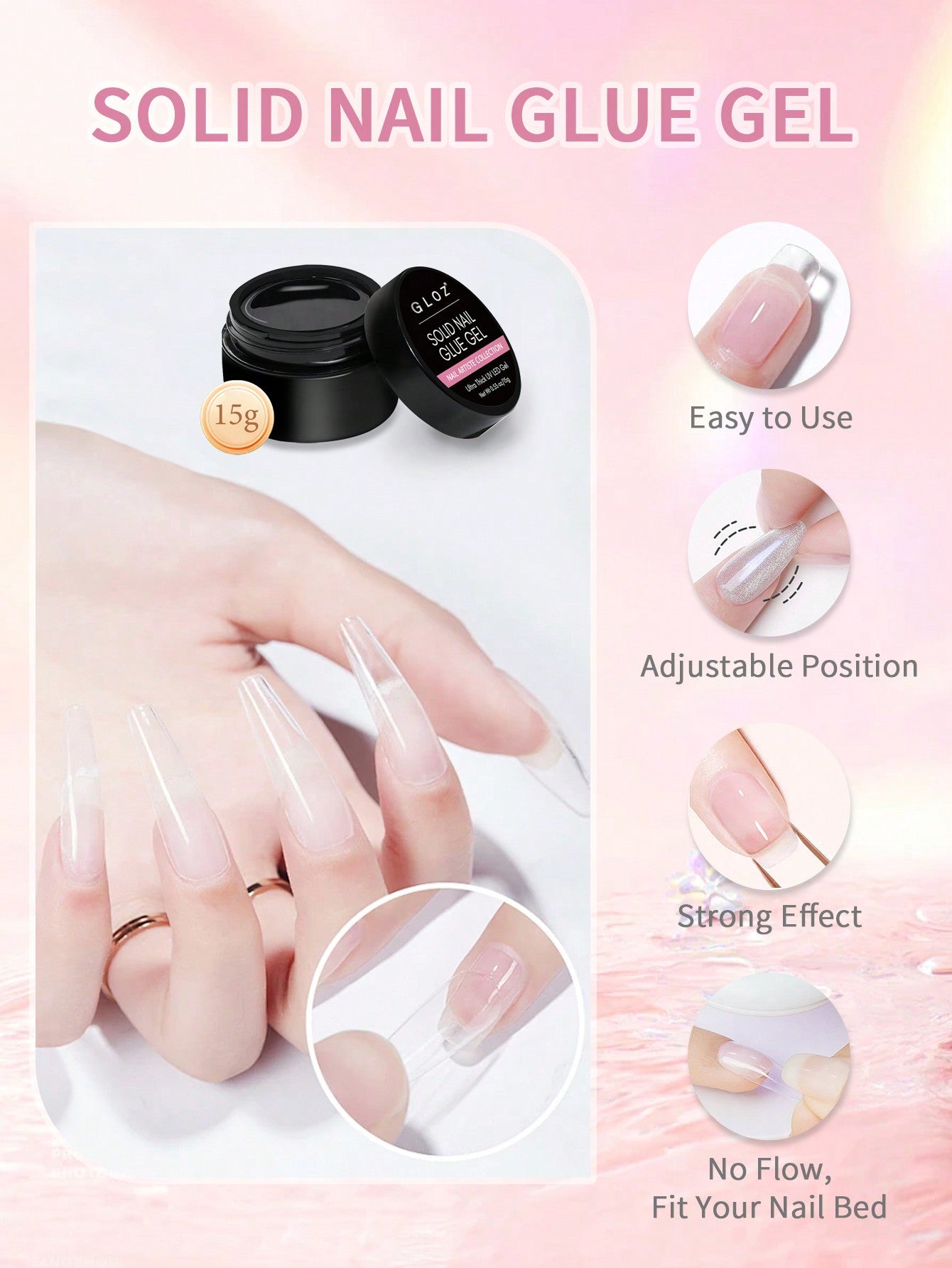 GLOZ 15G Solid Nail Gel Glue For Soft Gel Nail Tips Strong Clear Acrylic Nail Tips Solid Gel Nail Glue For Press On Nails Fake Nails Solid Hard Gel For Nails Nail Art DIY Home UV Light Cured - Hanmeimei